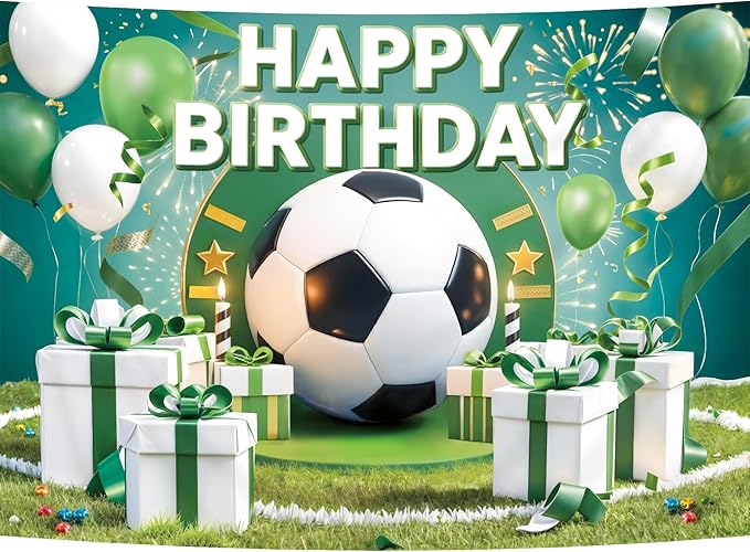 Homewelle Football Birthday Backdrop 7Wx5H Feet Polyester Fabric Boys Kids Sports Theme Soccer Field Balloon Gifts Decoration Green Stadium for Adults Teens Photography Background Photo Shoot Props