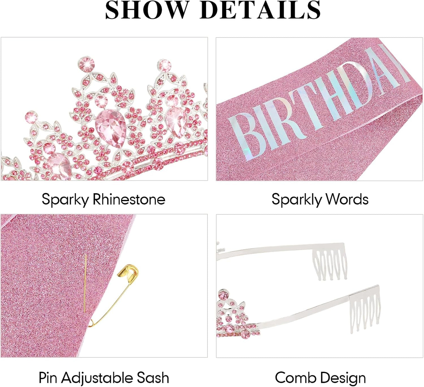 CAVETEE Pink Birthday Crown for Women， Birthday Queen Crown and Sash Pink Party Decorations for Women