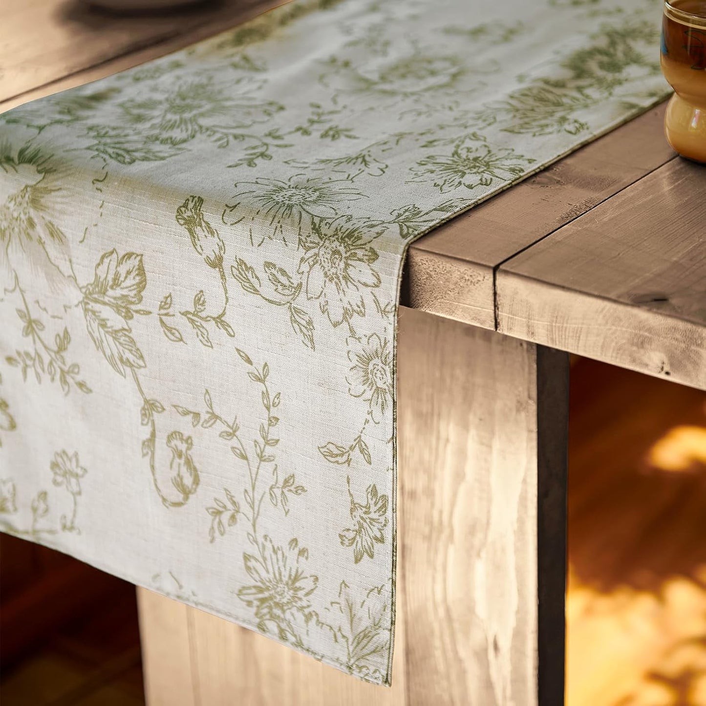 jinchan Floral Linen Table Runner for Kitchen Farmhouse Table Cloth with Sage Flower Print 13 x 90 Inch Beige Linen Blend Cloth for Kitchen Dining Table Indoor Outdoor Decor 1 Panel