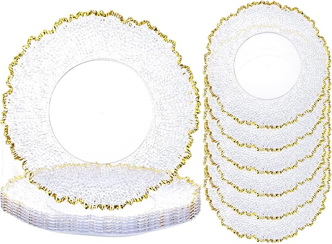 6pcs Clear and Gold Charger Plates Set 13inch,Gold Chargers Heavy Duty Wave Design,Chargers for Dinner Plates With Textured Suitable for Wedding Afternoon Tea,Spring,Valentine's Day
