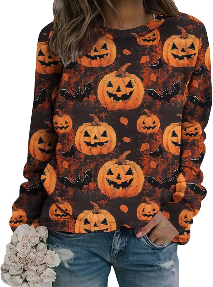 LIZALIG Pullover Cute Sweatshirt Orange Skeleton Fall Festive FunWomens Design Bat Holiday Party Outings Pumpkin Print