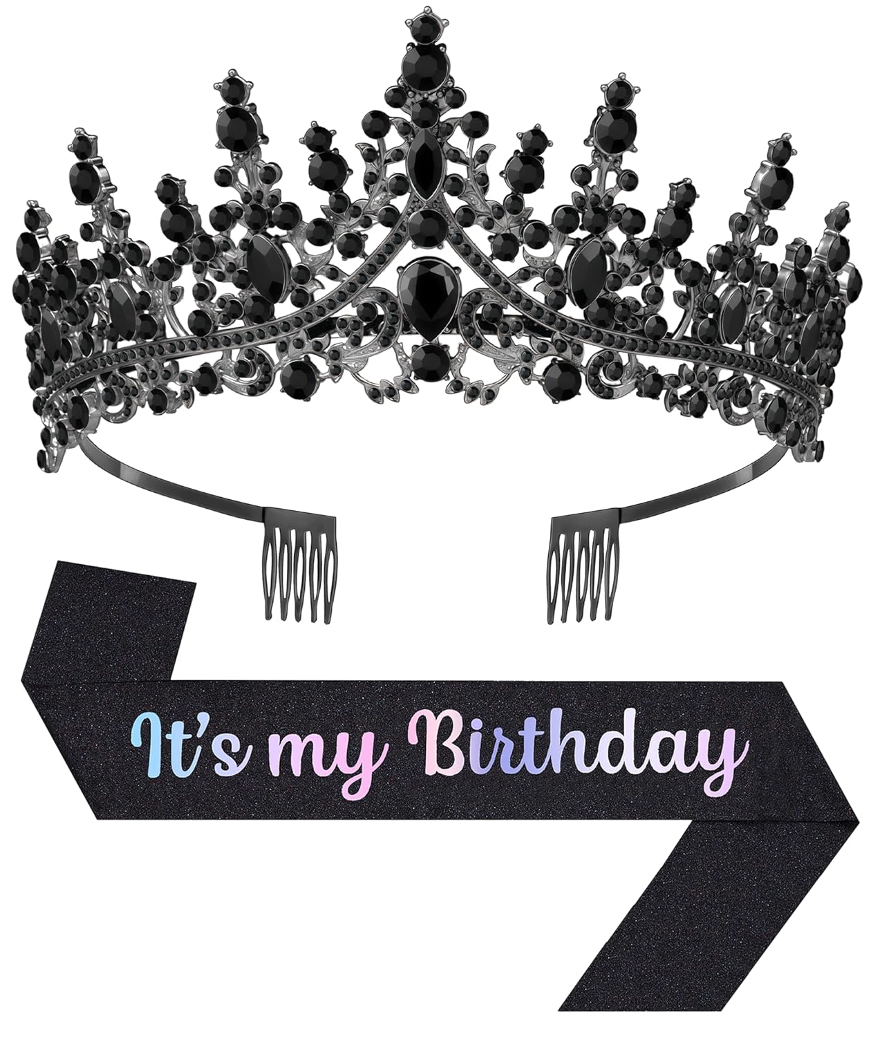 Birthday Tiara and Crown with Sash, Birthday Tiara for Women Party (Black)