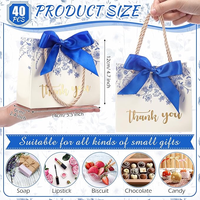 Moinchore 40 Pack Wildflower Thank You Gift Bags with Handles Small Thank You Party Favor Bags with Bow Wedding Welcome Tote for wedding Holiday Bridal Shower Party(Vintage Blue Flowers)
