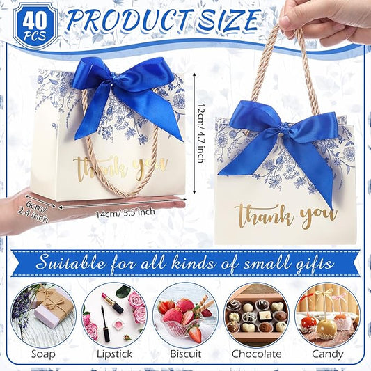 Moinchore 40 Pack Wildflower Thank You Gift Bags with Handles Small Thank You Party Favor Bags with Bow Wedding Welcome Tote for wedding Holiday Bridal Shower Party(Vintage Blue Flowers)