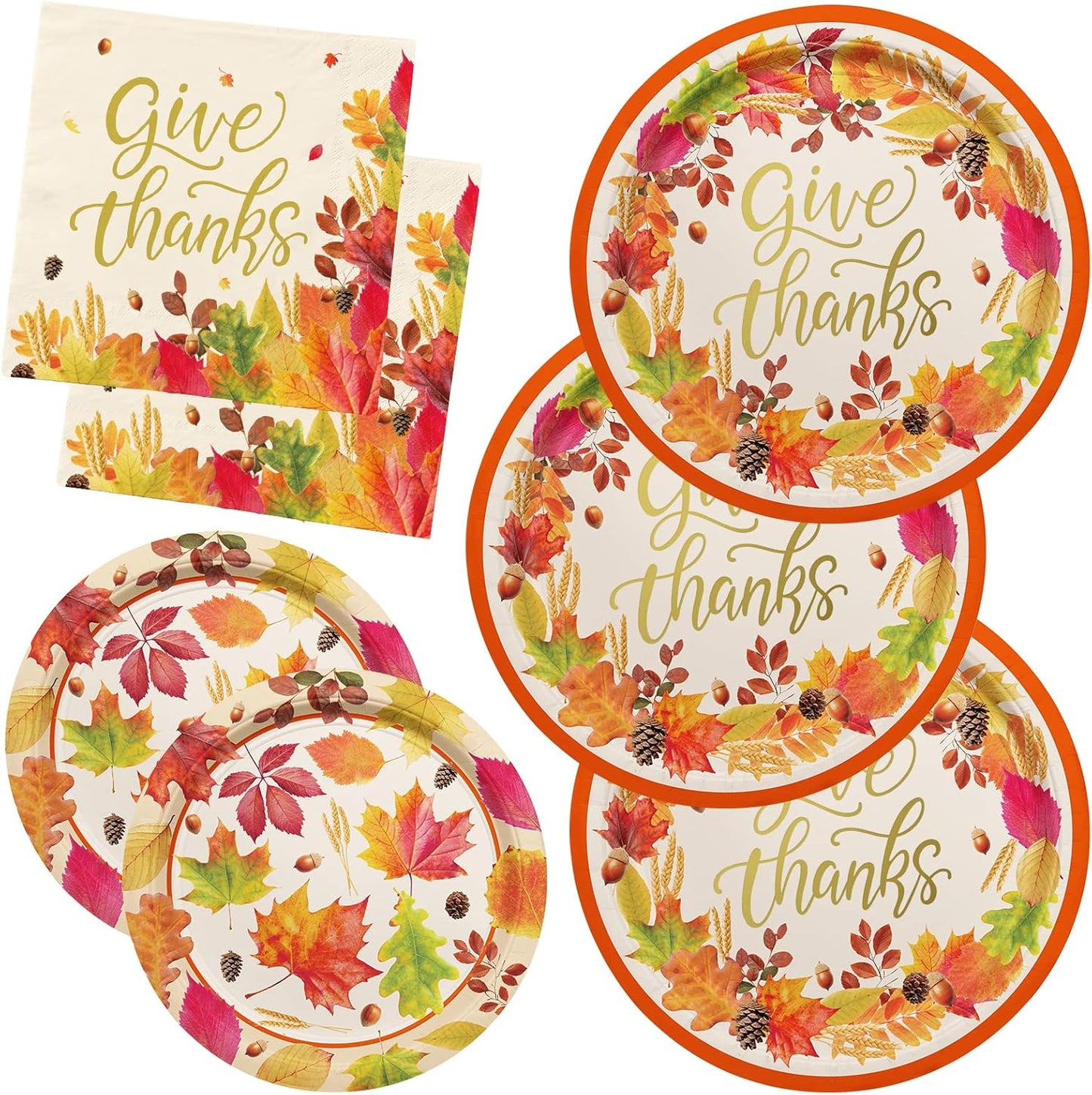 Fall theme Thanksgiving Party Supplies Kit, Serve 50, Autumn Harvest Disposable Dinnerware Includes: Paper Dinner Plates, Dessert Plates, and Napkins, Great for Thanksgiving Party Decorations