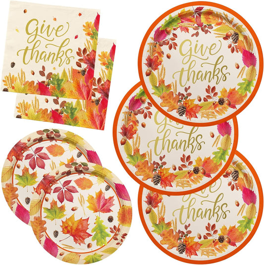 Fall theme Thanksgiving Party Supplies Kit, Serve 50, Autumn Harvest Disposable Dinnerware Includes: Paper Dinner Plates, Dessert Plates, and Napkins, Great for Thanksgiving Party Decorations