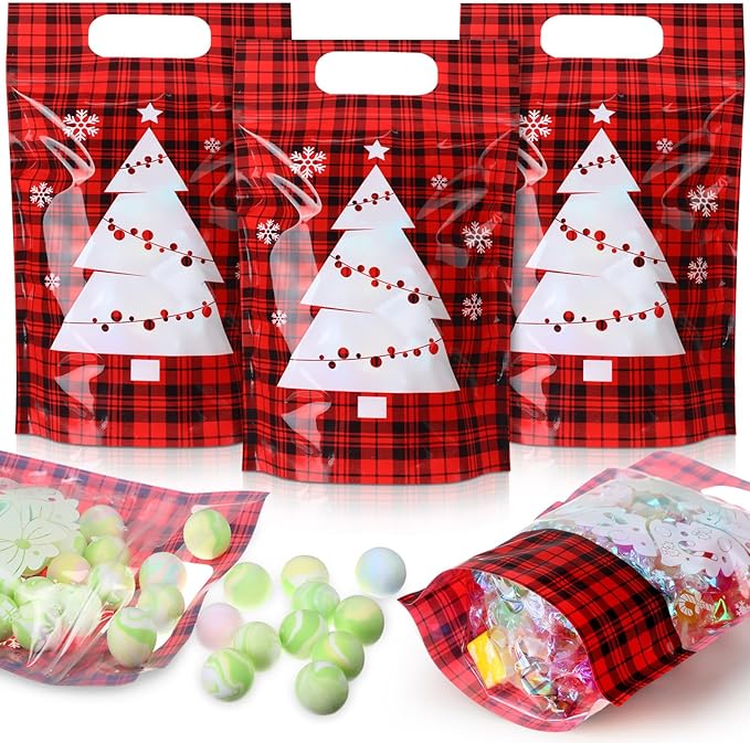 Blosssound 50 Pcs Christmas Party Gift Bags Red Black Plaid Plastic Bags Xmas Buffalo Favor with Handle for Christmas Holiday Party Candy Guests Gift Wrapping Supplies Decor (Buffalo Plaid)