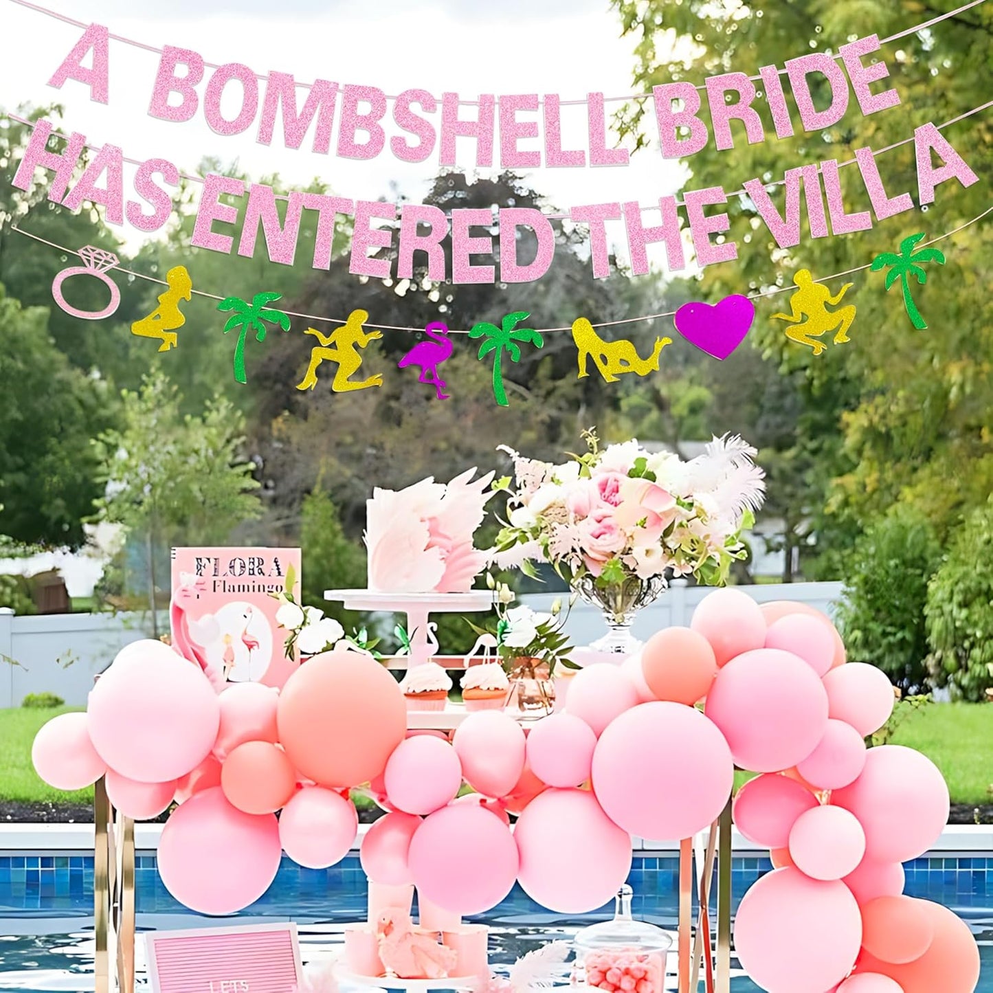 A Bombshell Bride Has Entered The Villa Banner Palm Tree Ring Mylar Balloon for Love Island Themed Bachelorette Party Decorations