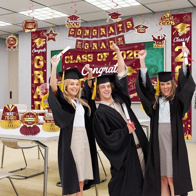 Graduation Decorations Class of 2026 Maroon and Gold Graduation Party Decor Set include Congrats Grad Banner Backdrop Class of 2026 Balloons Party Supplies