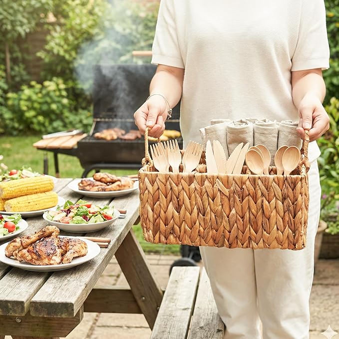 Wicker Utensil Holder with Handle – Handwoven Water Hyacinth Flatware Caddy with 4 Compartments – Rustic Cutlery Organizer for Kitchen, Dining Table, Picnic & BBQ