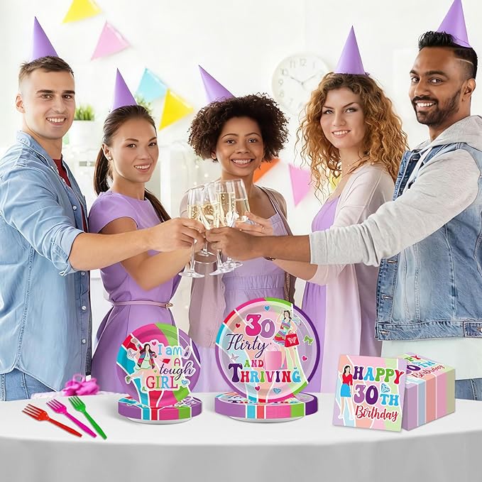 96Pcs Thirty Flirty and Thriving Party Supplies 30 Flirty and Thriving Paper Plates Napkin 30th Birthday Decoration for Her Women Talk 30 to Me 30th Birthday Dinnerware Party Favor Tableware Serves 24