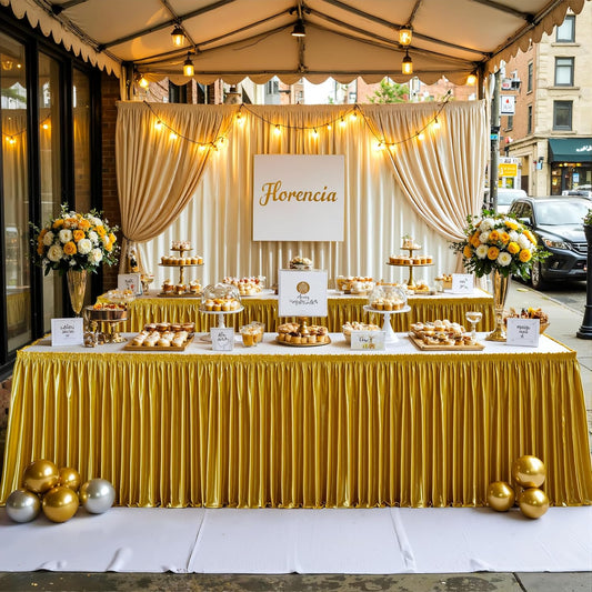 Wish Care 17ft Gold Satin Table Skirt for Rectangle Tables Wrinkle Free Glitter Desk Skirts Pleated Ruffle Table Cloth for Wedding Birthday Graduation Cocktail Party Buffet Display Table Decorations