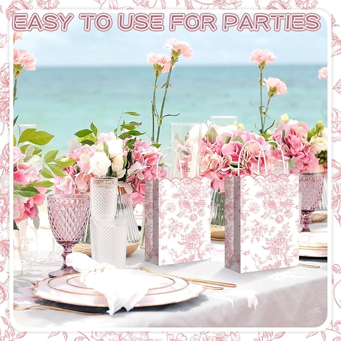 Kolldenn 24 Pcs Pink Floral Gift Bags with Handles Wildflower Party Favor Candy Treat Goodie Bags Scalloped for Birthday Decoration for Bridal Baby Shower Party Supplies