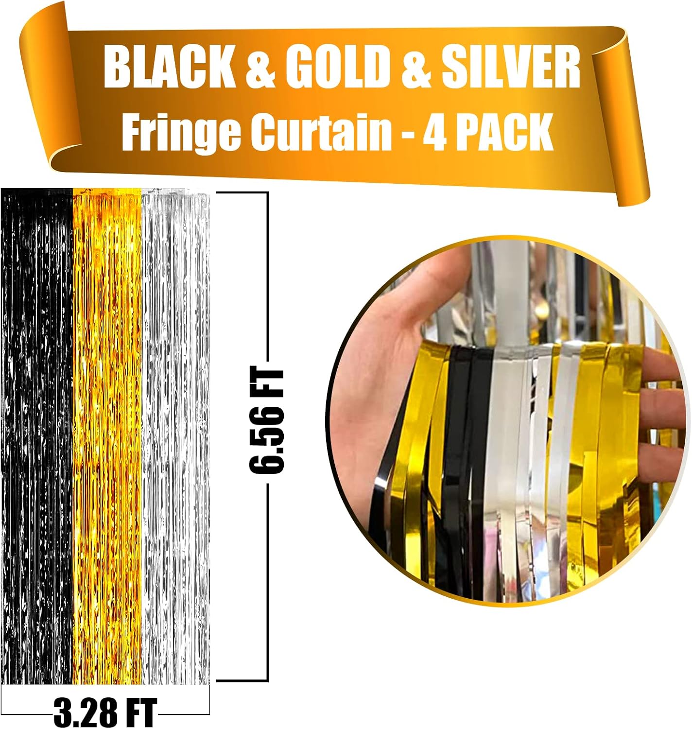 4 Pack Black Gold Silver Foil Fringe Curtain Backdrop, 3.28Ft x 6.56Ft Metallic Tinsel Foil Fringe Streamers for Photo Booth, Wedding, Notorious One Birthday Roaring 20s Graduation Party Decoration