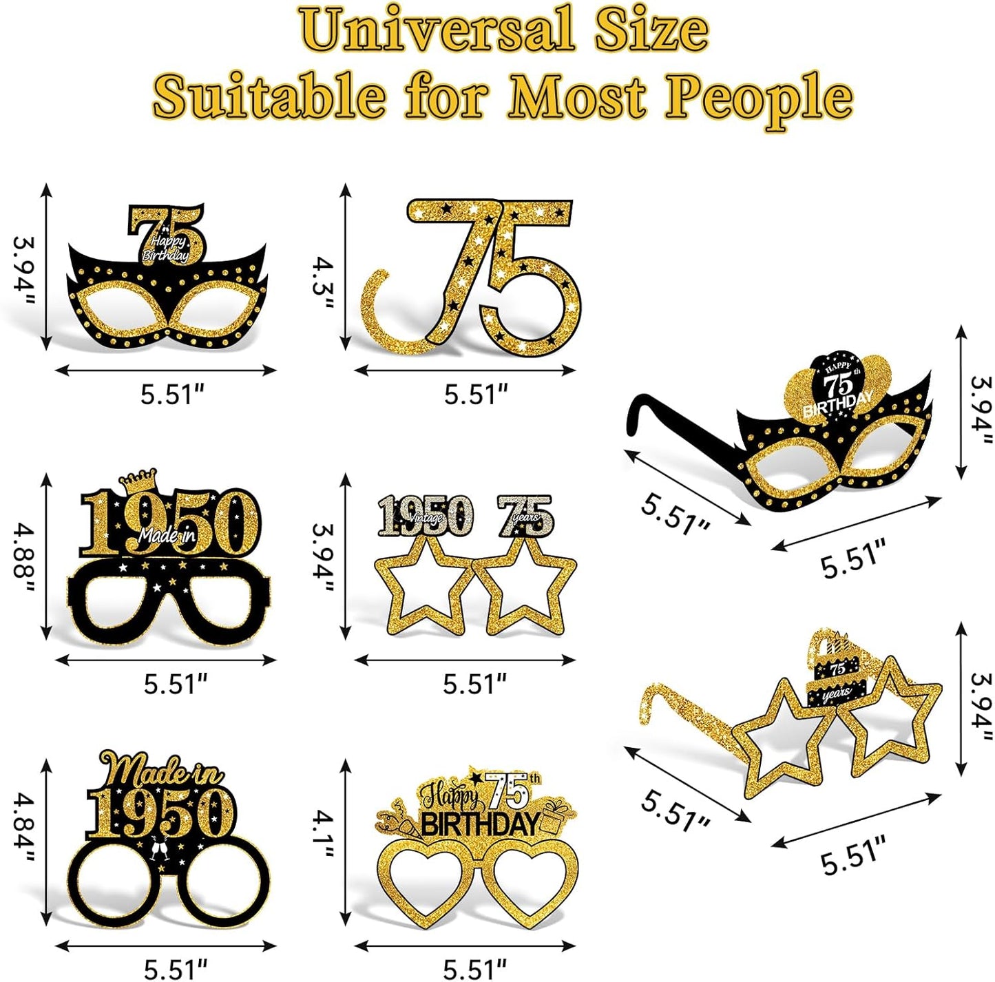 24Pcs 1950 75th Birthday Paper Glasses Decorations for Men Women - Black Gold Happy 75th Birthday Paper Eyeglasses Photo Props, Vintage 1950 Seventy-Five Years Old Birthday Party Supplies