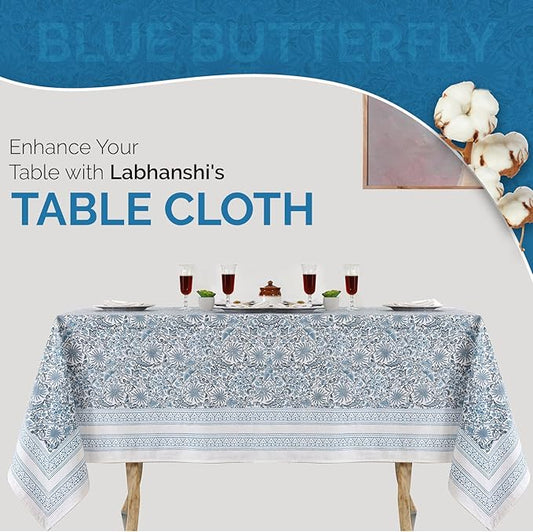 Labhanshi Indian Handblock Print Rectangular Cotton Floral 72x135 Inch 10-Seater Table Cloth|French Ethnic Spring Easter Festive Decor |Bridal Party Indoor & Outdoor Table Cover |Blue Butterfly
