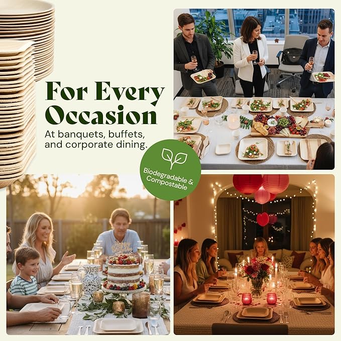 Chic Leaf Palm Leaf Bamboo Style Plates - 9-Inch Square, Pack of 50 - Compostable Serving Platters - Microwave -Disposable Plates - Durable Party Dishware, Upscale Look for Valentine’s Meals