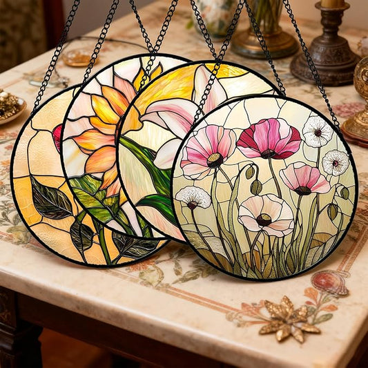 Stained Glass Window Hanging 4 Pcs Set Lily Rose Sunflower Poppy 7.8" - Flower Suncatcher Door Garden Sun Catcher Decor Birthday Mother's Day for Wife Woman Nana Girl