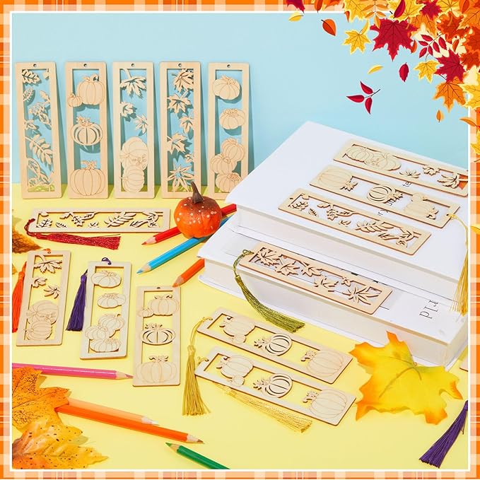 Yexiya 100 Pcs/50 Set Thanksgiving DIY Wooden Bookmarks Bulk for Book Lovers, Fall Bookmarks Decorations, Maple Leaf Pumpkin Book Markers for Women Men, Autumn Birthday Holiday Gift Art Project