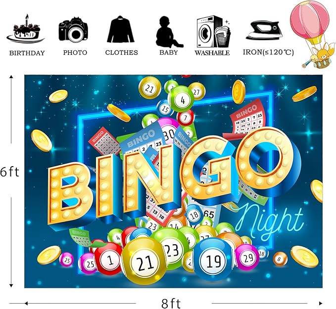 Homewelle Bingo Night Theme Backdrop 5Wx3H Feet Polyester Fabric Snooker Game Time Decoration Cards Coins Contest Winning Ball Colorful Man Adults Gaming Party Photography Background Photo Shoot Props