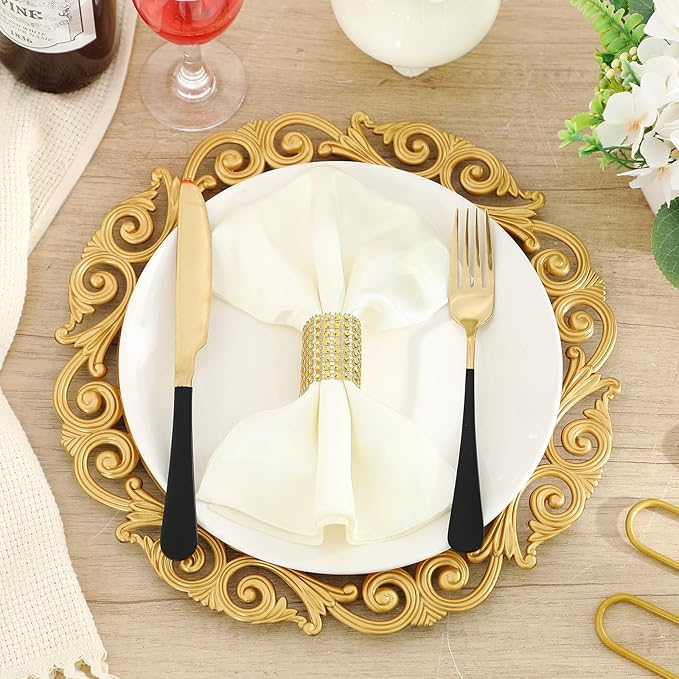 12 Pcs Vintage Gold Charger Plates Bulk 13 Inch Embossed Rim Plastic Round Decorative Plates Charger for Dinner Wedding Party Event Table Setting Decoration (Hollowed out Wave)