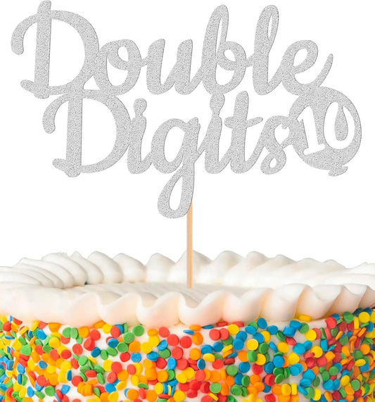Double Digits 10 Cake Topper - Glitter Silver 10th Birthday Cake Decorations, Happy 10th birthday Cake Decor (Silver)