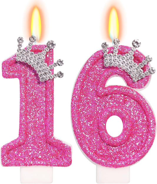 Birthday Number Candle for Cake, 2.76 Inch Glitter Crown Rose Cake Topper, Sweet 16 Party Decorations for Girls Birthday Party Supplies(Number 16)