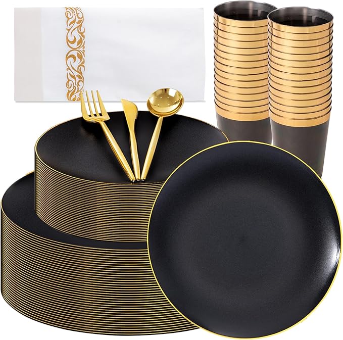 EI 350Pcs Black and Gold Matte Frosted Plastic Plates Disposable Heavy Duty,Dinnerware Set for Party Include 100 Disposable Plates,150 Silverware,50 Napkins,50 Cups for Party/Wedding/Events,Hotel