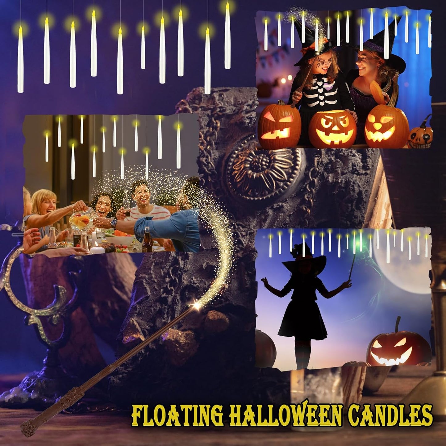 Christmas Decorations, 24PCS Floating Candles with Wand, Hanging Candles with Remote Wand, Warmwhite Flickering Flameless Magic Floating Candle Lights for Halloween Christmas Party