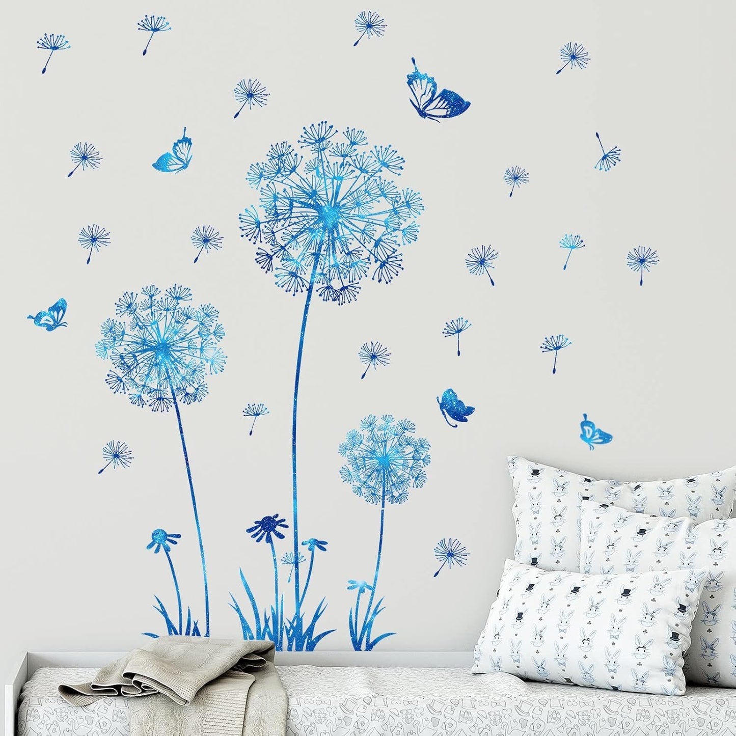 Dandelion Wildflower Wall Decals Art, Calcomanías para Pared Peel and Stick Floral Butterflies Flying Decor for Girls Kids Women Baby Nursery Room Bathroom Sofa Backdrop TV Wall (Light Blue)