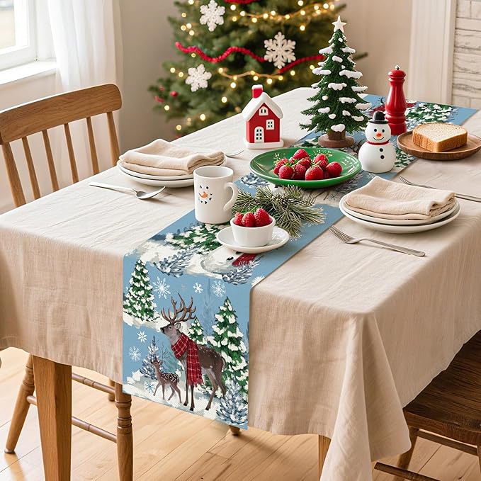 Artscope Reindeer Snowman Christmas Tree Table Runner, Xmas Winter Snowflakes Holiday Kitchen Dining Table Decoration for Christmas Home Party Decor 13x120 Inch-Light Blue