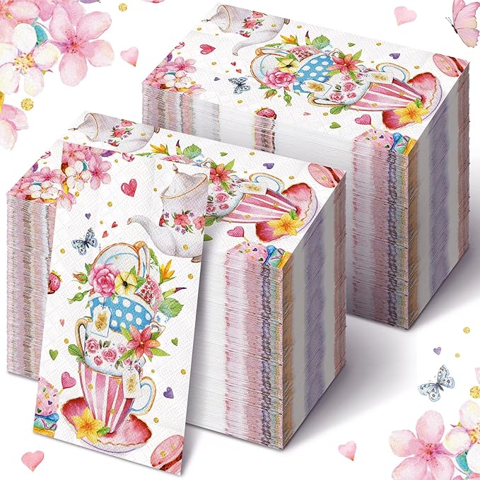 Karenhi 200 Pcs Tea Party Napkins 2 Ply Tea Cup Guest Napkins Spring Hand Paper Floral Guest Paper Towels for Bathroom Disposable Hand Towels for Bathroom Wedding Bridal