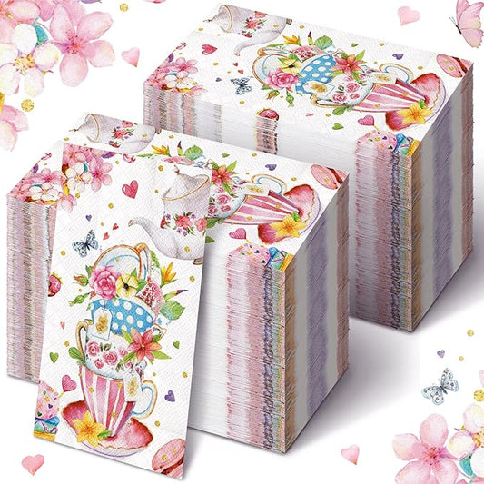 Karenhi 200 Pcs Tea Party Napkins 2 Ply Tea Cup Guest Napkins Spring Hand Paper Floral Guest Paper Towels for Bathroom Disposable Hand Towels for Bathroom Wedding Bridal