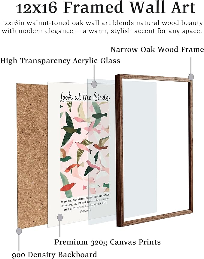 EcoHest Walnut Color OAK Wood Framed Wall Art, 12x16in Matthew 6 Look At the Birds of the Air Bible Verse Christian Wall Art, Modern Bedroom Decor For Living Room Bathroom Religious Gift 1Pack