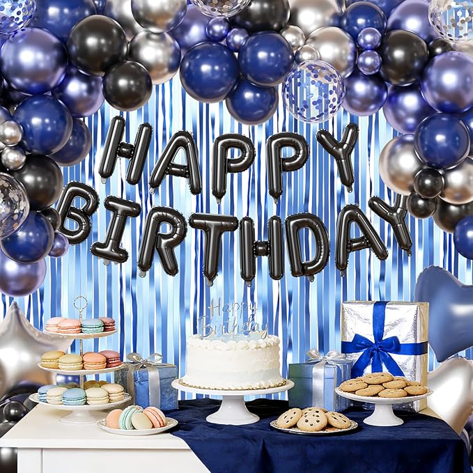 Navy Blue and Black Birthday Decorations for Men, Metallic Navy Blue Black Silver Foil Confetti Balloons Happy Birthday Banner Fringe Curtains Birthday Decorations for Boy Girls Women Men