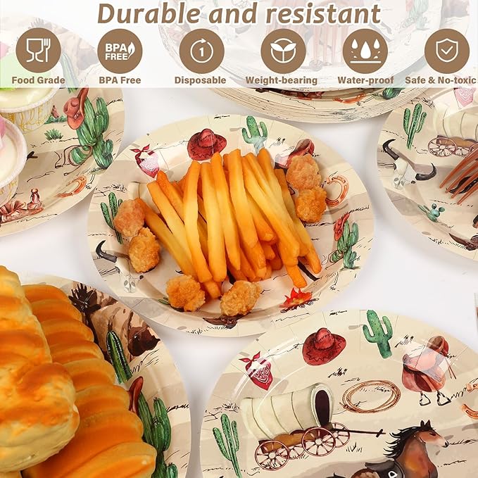 96Pcs Western Cowboy Party Supplies Western Cowboy Paper Plates Napkins Cowboy Baby Shower Party Decorations Wild West Dinnerware Party Favor Rodeo Western Tableware Serves 24