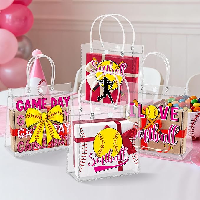 H1vojoxo Softball Goodie Gift Bags - 24PCS Softball Clear PVC Gift Bags for Team Girls with Handle Reusable Sport Party Favors Team Birthday Gifts Bag Treat Snack Bag for Girls End of Season Gifts Bag
