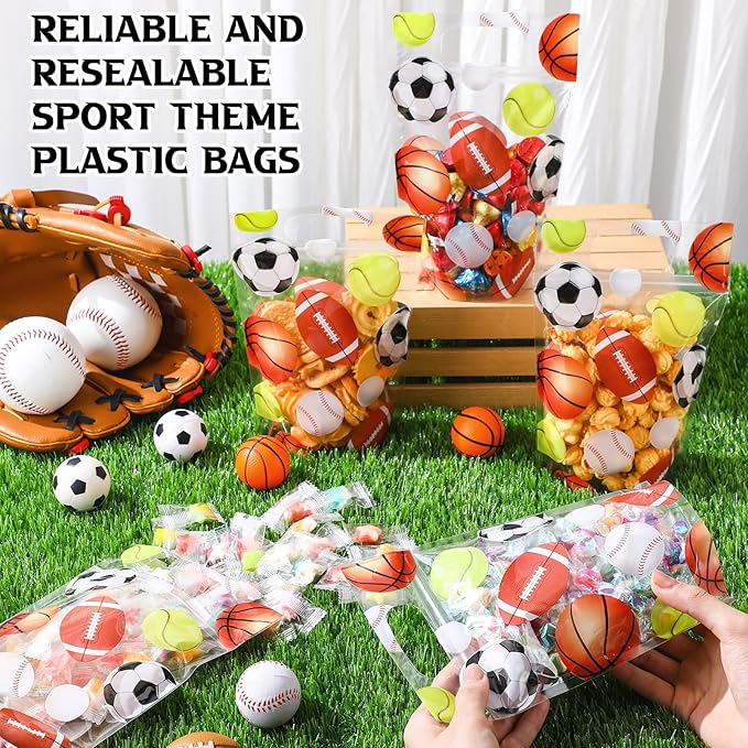 Blosssound 50 Pcs Sport Plastic Bags Clear Sportball Sealing Pouches with Handles Resealable Sport Party Zipper Bags for Sport Theme Birthday Party Candy Gift Wrap Supplies Decoration