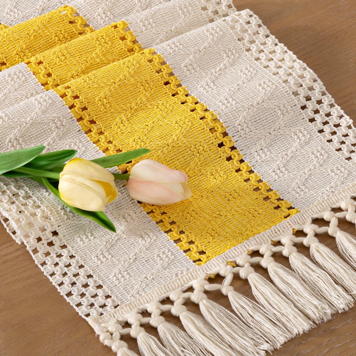 Socomi Boho Table Runner Macrame Fall Thanksgiving Farmhouse Woven Cotton Linen Rustic Coffee Table Runner with Tassels for Dresser Scarf Home Decor Dining Room 12x90 inYellow Gold Ivory