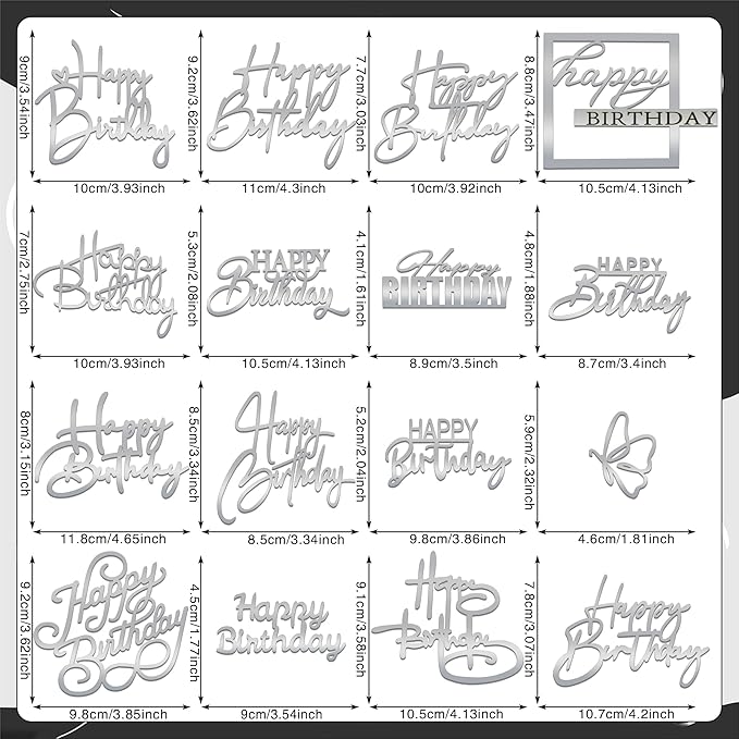 15 PCS Silver Happy Birthday Cake Toppers Mirror Acrylic Cake Topper Side Cake Decorations Silver Cake Inserts Cake Decorating Supplies Cupcake Toppers for Birthday Party Cake Desserts 15 Styles