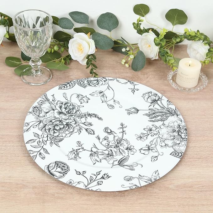 Efavormart 6-Pack Acrylic Charger Plates 13" Round White with Black Floral French Toile Pattern - Decorative Dinner Party Charger Tableware