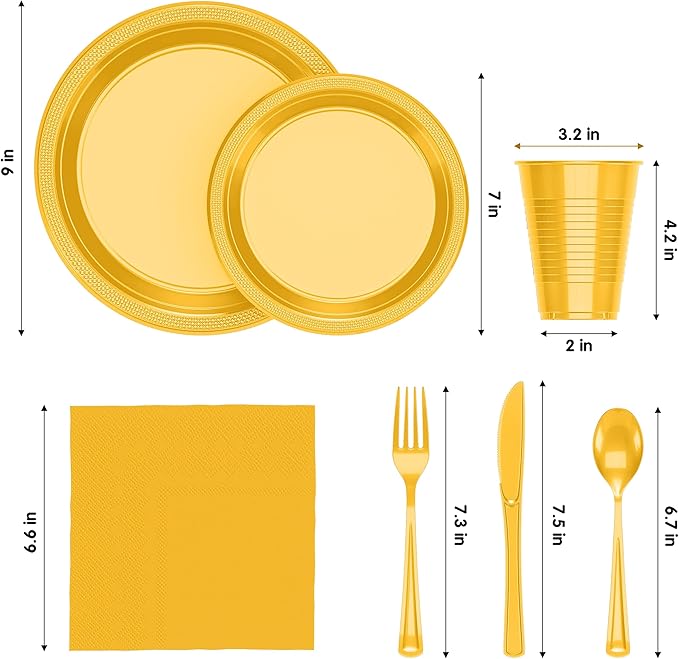 350 Pcs Yellow Plastic Plates For Party, Yellow Disposable Plates Set, 50 Of Each 9" Dinner Plate Set, 7" Dessert Plate, Cups, Napkins & Cutlery Plastic Dinnerware Exquisite