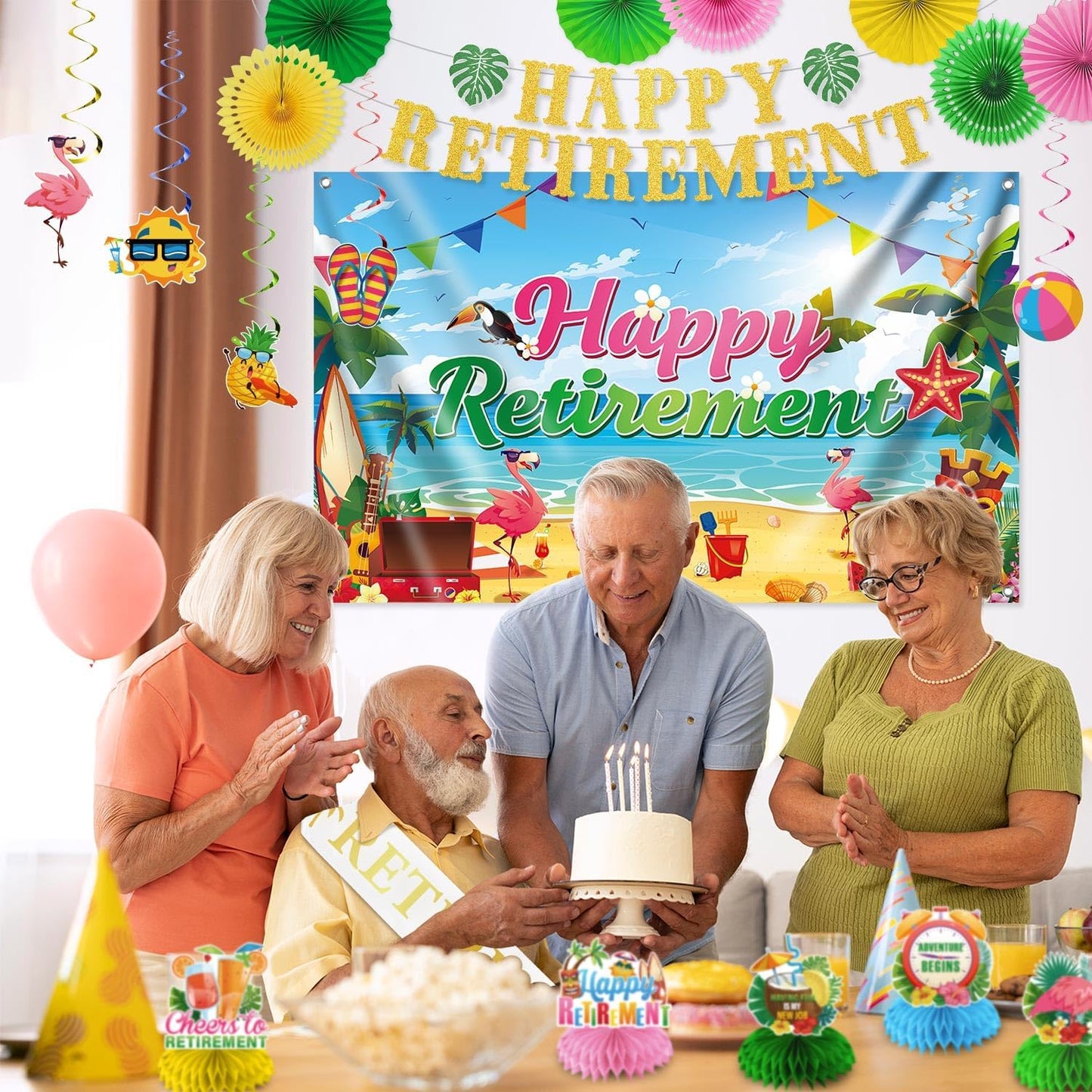 Luau Hawaiian Retirement Party Decorations, 23Pcs Beach Retirement Party Happy Retire ment Banner Backdrop, Tropical Retire ment Decorations Honeycomb Centerpieces Hanging Swirls Paper Fans