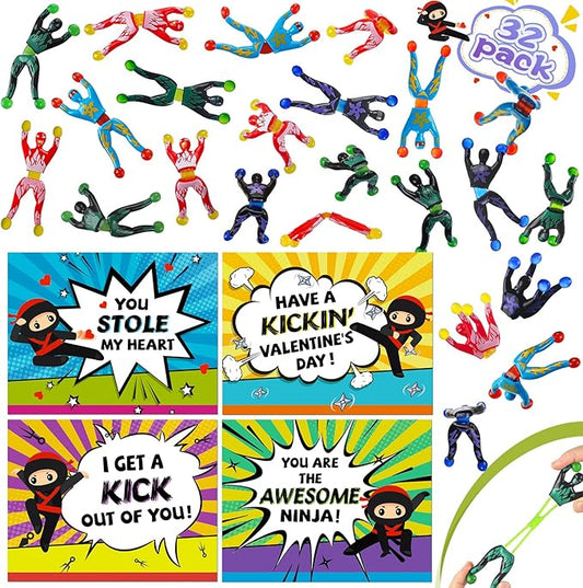 32Pack Sticky Wall Climbing Men Ninja Toy Set, Valentines Day Gifts Cards for Kids Students Classroom Exchange Prize, Valentine's Party Favors for Boys Girls, Valentine's Greeting Cards