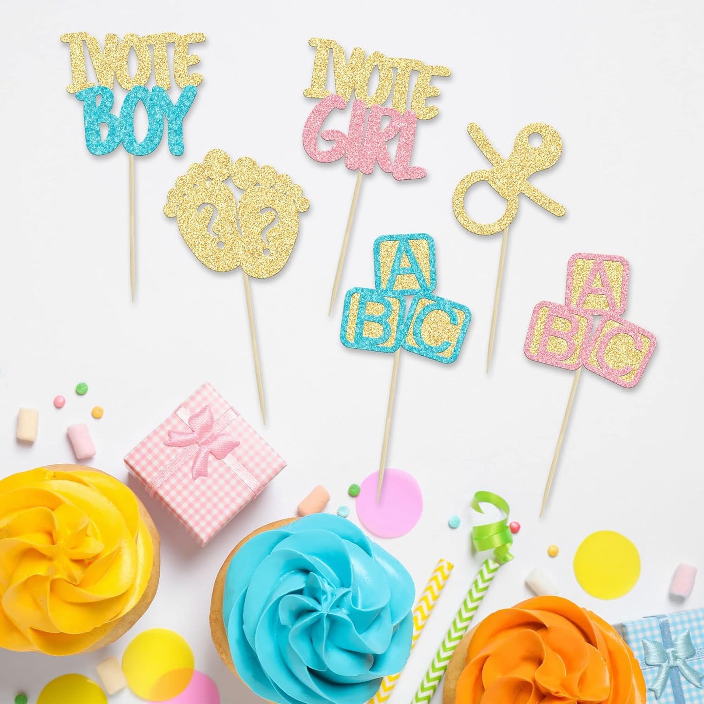 24Pcs Boy or Girl Cupcake Toppers Gender Reveal Cupcake Picks Glitter Baby Shower Cupcake Decorations Vote Boy or Girl Cake Decorations for Baby Shower Kids Birthday Theme Party Supplies