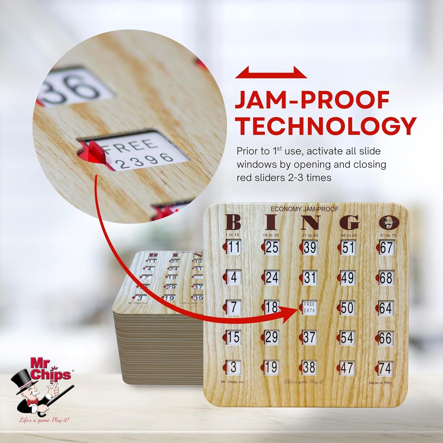 MR CHIPS Jam-Proof Fingertip Slide Bingo Cards with Sliding Windows 25 Pack in Tan Style