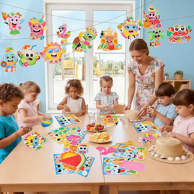 Frienda 48 Set Summer Make a Face Paper Sticker Craft Kit Hawaii Tropical Pool Beach Crafts Make Your Own Pineapple Flamingo Hawaii Sticker for Summer Party Favors Classroom Luau Game Rewards Gift