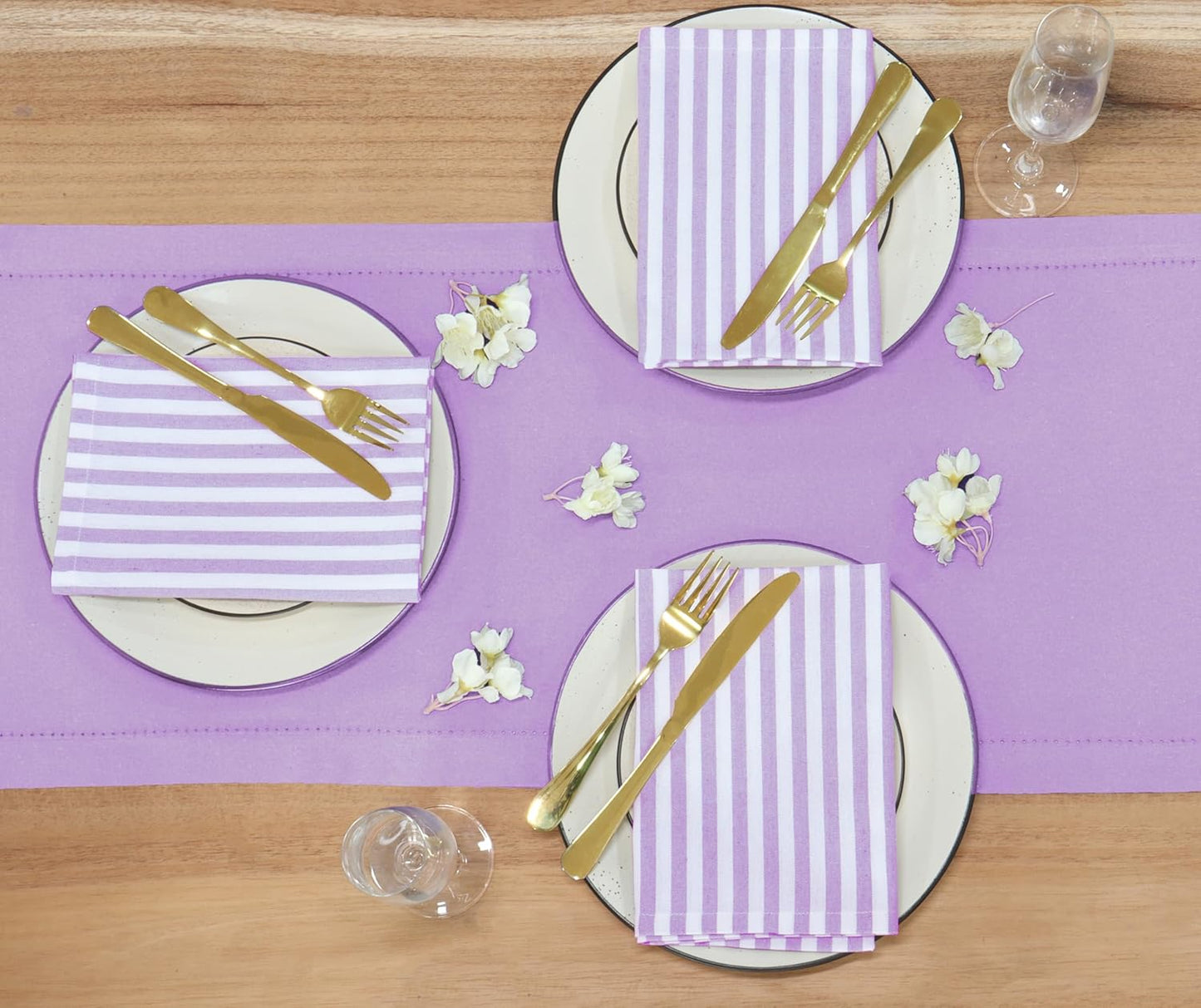 PurpleEssences Plain Striped Cloth Napkins - Set of 12-100% Cotton - 18 x 18 Inch - Fall Thanksgiving - Perfect Everyday Use Dinner Napkin - Lavender White