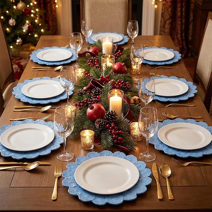 Blue Charger Plates with Flower Rim, 13" Round Charger for Dinner Plates, Set of 6 Plastic Plate Chargers for Wedding, Birthday.