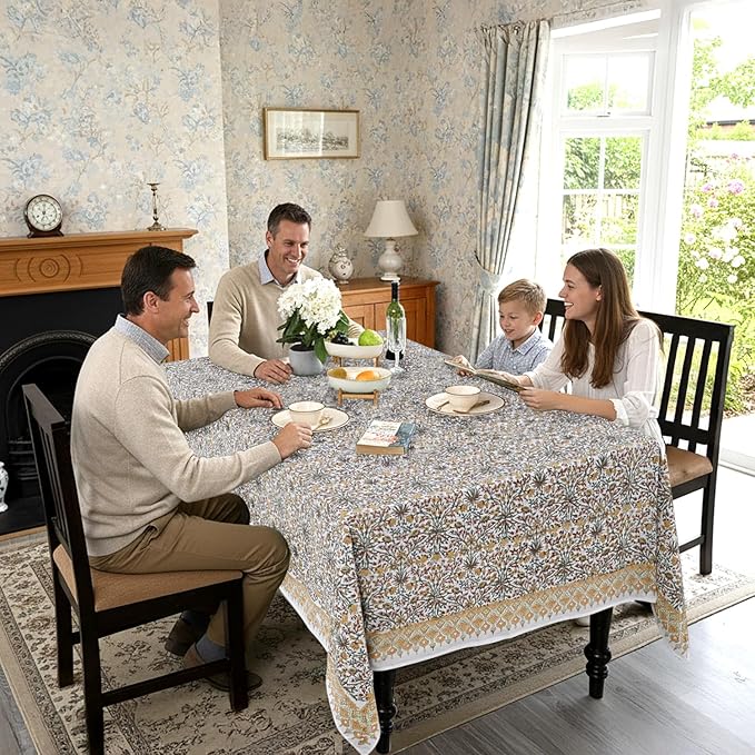 Goldenrod Yellow, Fern Green and Peanut Brown Indian Hand Block Printed 100% Pure Cotton Kitchen Tablecloth Home Decor Table Cloth Dinner Party Gift for Mother's day Her Mom Home Wedding 60x90 Inches